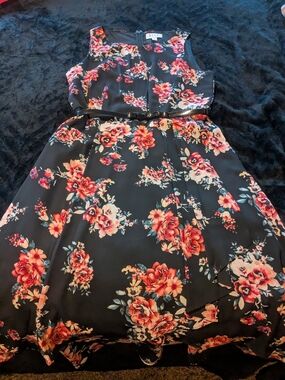 Elle Black With Pink Floral Fit-and-Flare Dress with Belt Size 10